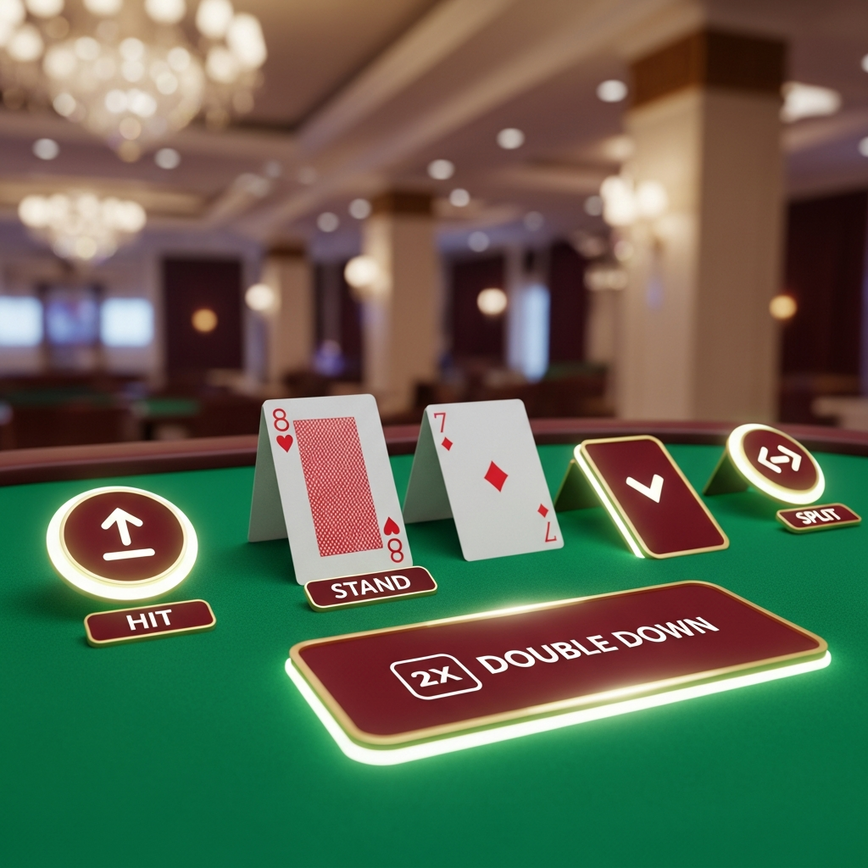 展示了现代在线游戏界面上清晰的互动按钮，作为二十一点基本手势信号（要牌、停牌、双倍下注、分牌）的电子版，强调了果断沟通的重要性。