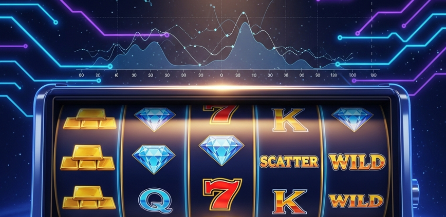 Dynamic online slot machine interface with spinning reels and abstract mathematical overlays, symbolizing the truth behind slot myths and smart strategy on a premium online casino platform.