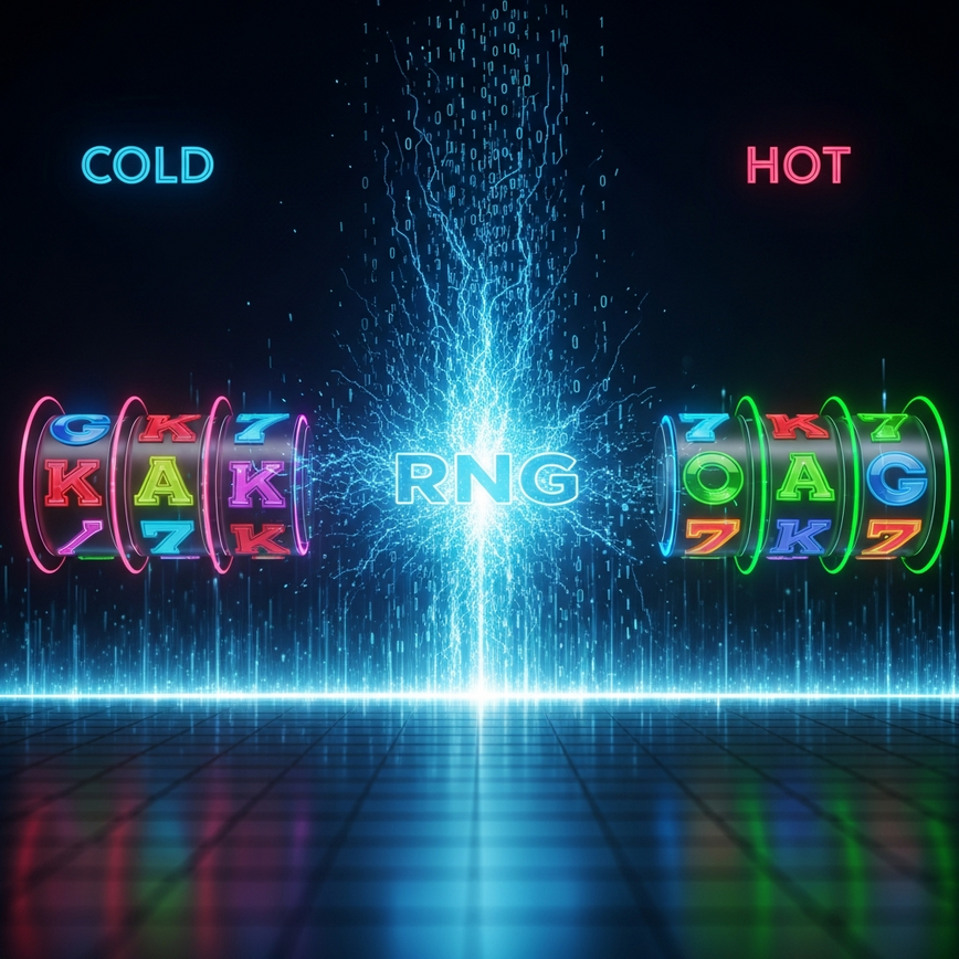Illustrates the concept of independent spins and debunks the 'hot' and 'cold' machine myth by visually representing the Random Number Generator (RNG) and the separation of outcomes.
