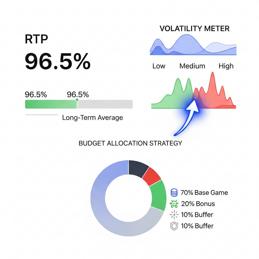 Visualizes key mathematical concepts like RTP, volatility, and smart budgeting for slots through a clean, informative digital dashboard or infographic.