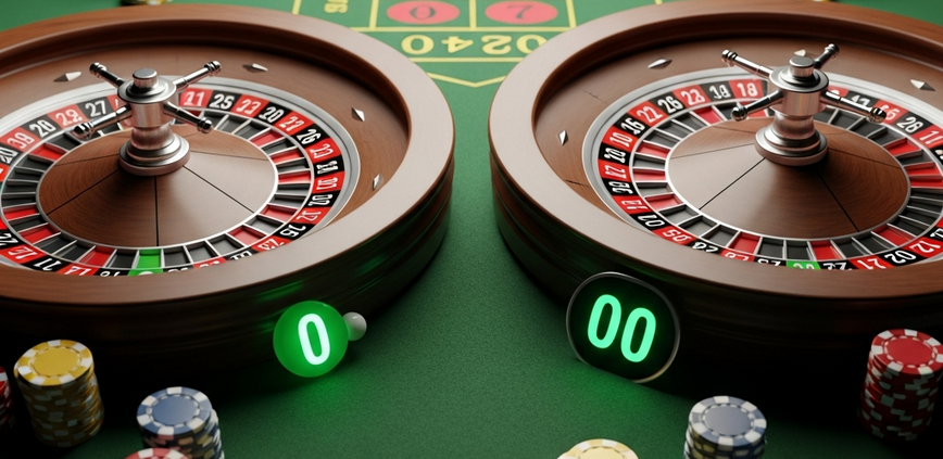 A side-by-side comparison of a European roulette wheel (with a single green '0' pocket) and an American roulette wheel (with both '0' and '00' green pockets), set on a luxurious green felt table with casino chips, illustrating the key difference for online casino players.