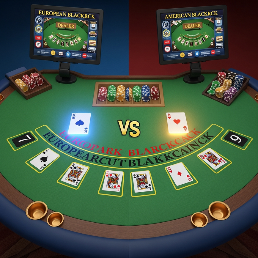 Illustrates the key rule difference between European and American Blackjack regarding the dealer's hole card.