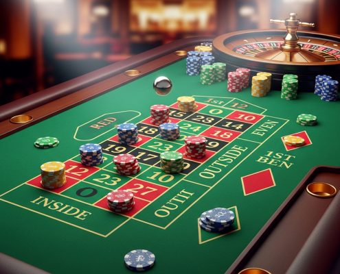Dynamic overhead view of a European roulette table, showcasing casino chips strategically placed on both inside and outside betting areas, illustrating the core concepts of roulette strategy.