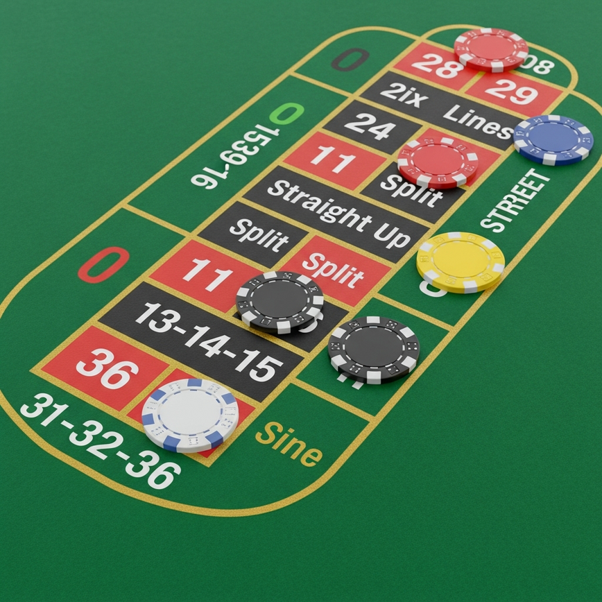 Illustrates the specific types and placement of 'inside bets' on a roulette table layout, providing a clear visual aid for understanding this bet category.