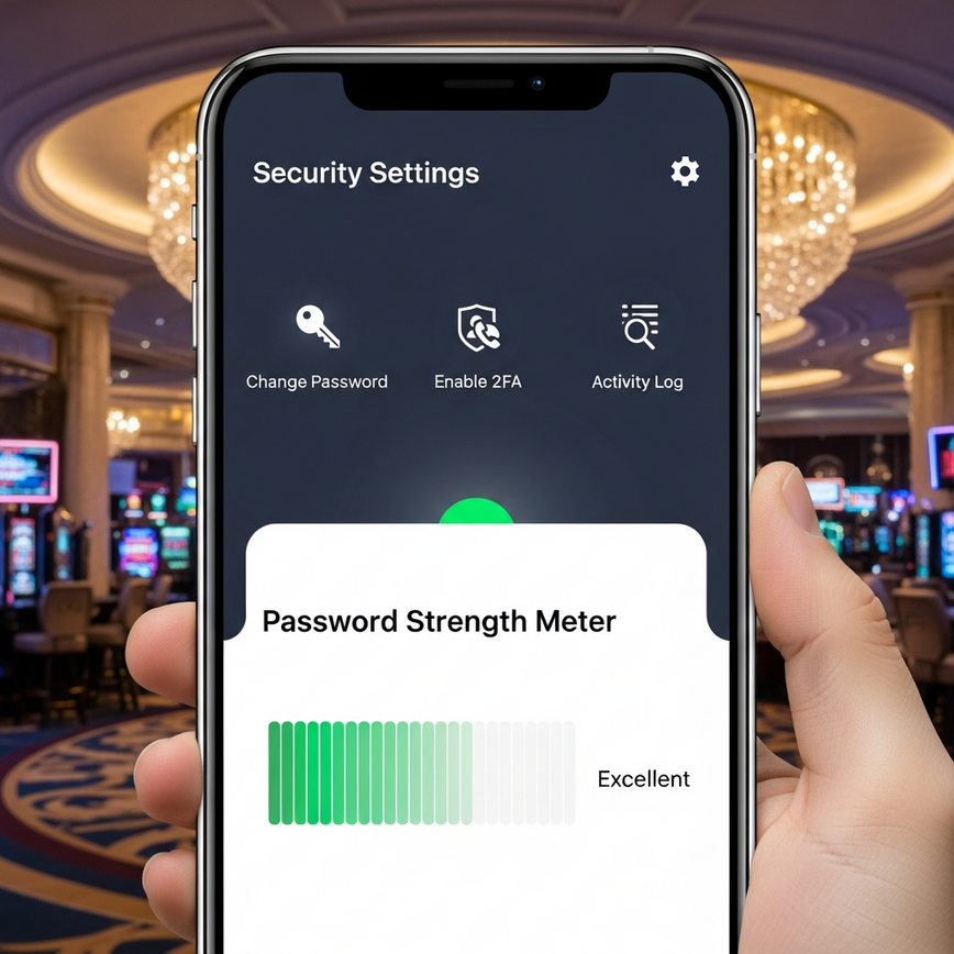 Visualizes key best practices for securing an online casino account, such as strong passwords and two-factor authentication, empowering users to take control.