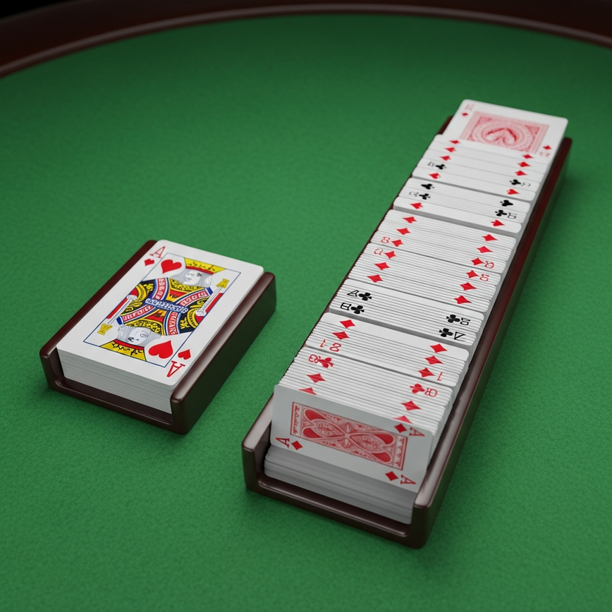 Visually represents the concept of single-deck versus multi-deck blackjack, highlighting the difference in card volume.
