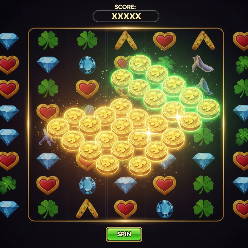 Visually explains the cluster pays mechanic, showing a clear group of connected matching symbols on a large grid.