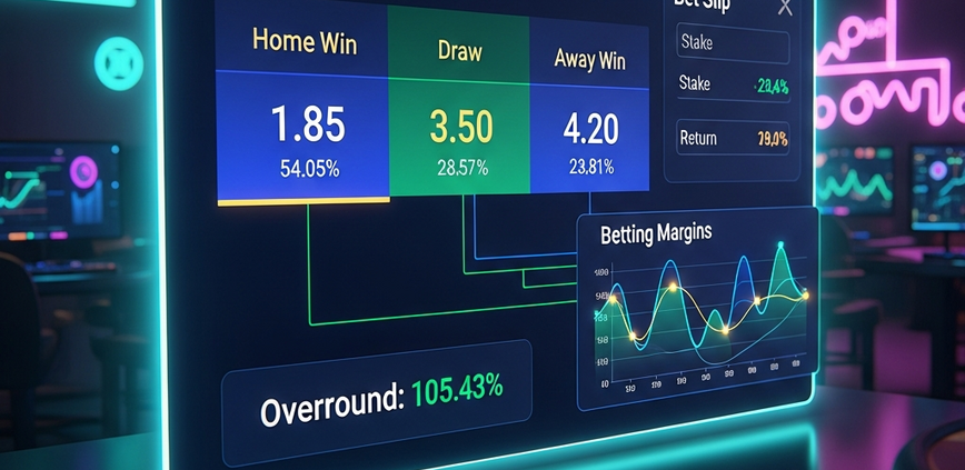 Sleek online sports betting interface showing dynamic odds, implied probabilities, and overround calculation for a football match, set against a sophisticated digital background, representing strategic betting.