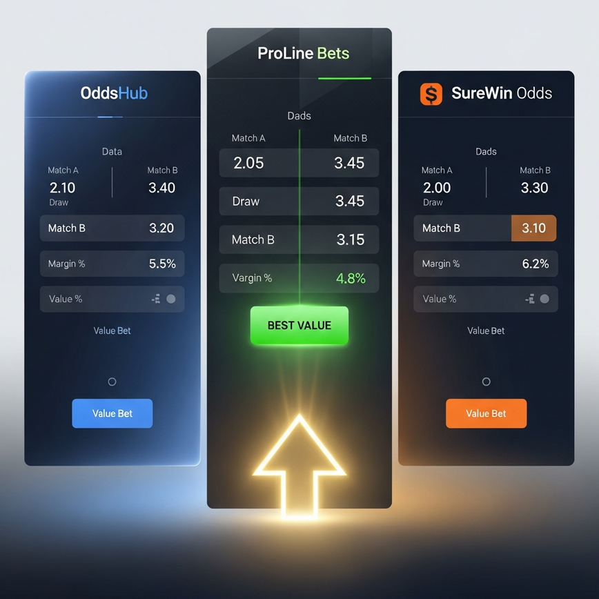 Visualizes the concept of identifying value bets by comparing margins across different virtual operators, highlighting the best value opportunity.