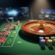 Hyper-realistic 3D render of a luxurious European roulette wheel with the ball about to land in the single-zero pocket, and a portion of the betting table with chips, symbolizing strategic online casino gaming.