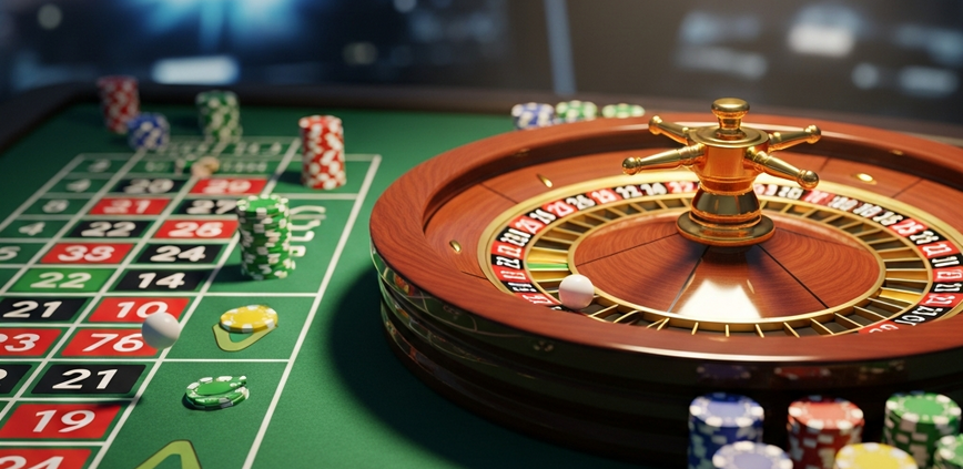 Hyper-realistic 3D render of a luxurious European roulette wheel with the ball about to land in the single-zero pocket, and a portion of the betting table with chips, symbolizing strategic online casino gaming.