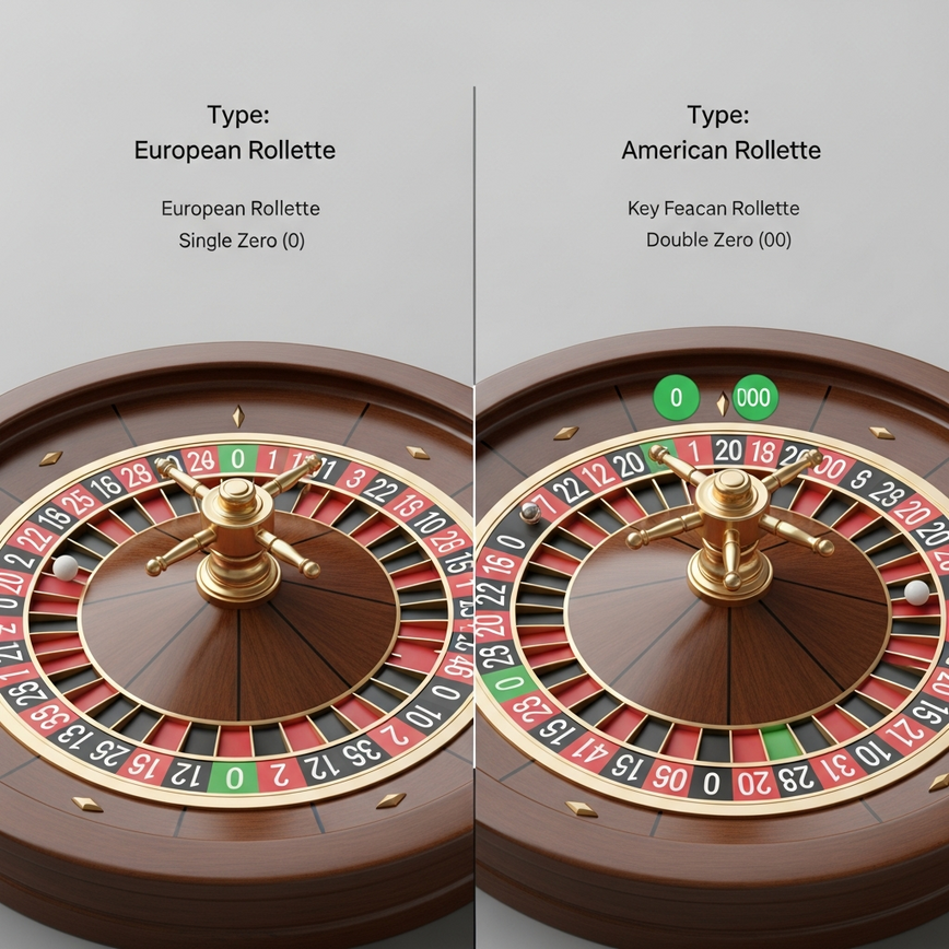 Illustrates the fundamental difference between European and American roulette wheels, specifically highlighting the single vs. double zero pockets, which is crucial for understanding house edge.