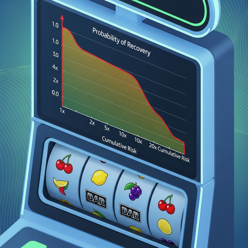 Illustrates the mathematical reality of slot machines, showing how increasing bets to chase losses leads to an exponential and impossible recovery requirement.