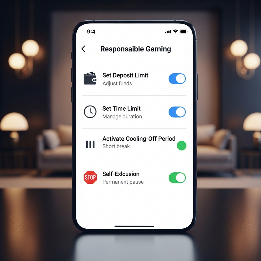 Depicts a mobile phone screen showcasing user-friendly responsible gaming tools like deposit limits, time limits, and self-exclusion options, promoting safe gambling practices.
