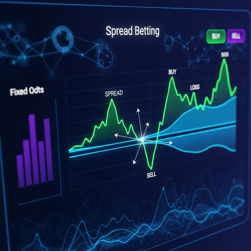 Visualizes the dynamic risk and reward of Spread Betting, contrasting it with fixed outcomes and emphasizing data-driven decisions.