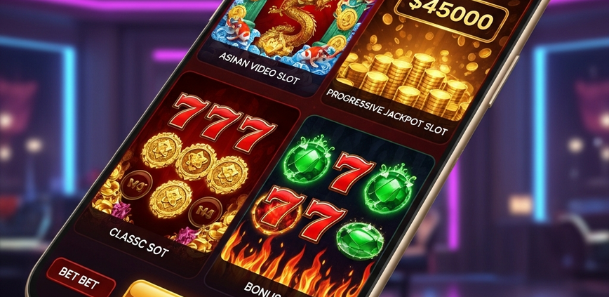 A modern mobile online casino interface displaying popular slot games in Malaysia, including Asian-themed, classic 777, and progressive jackpot slots, set against a luxurious digital backdrop.