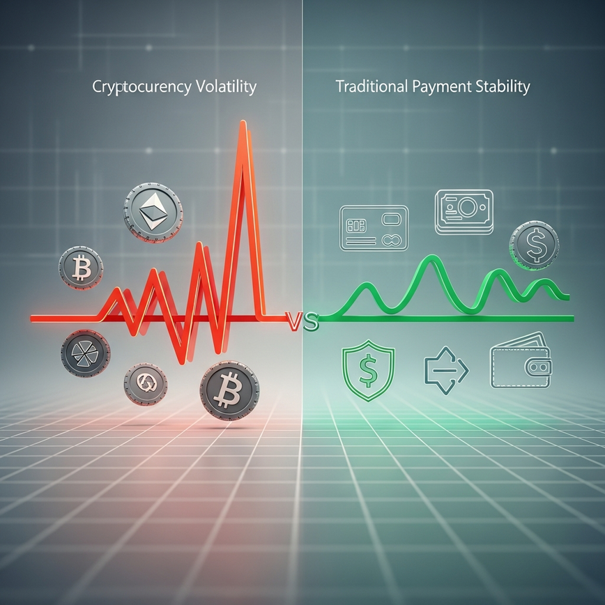 Visualizes the volatility risks of cryptocurrency compared to the stability of traditional banking, alongside abstract risk mitigation strategies.