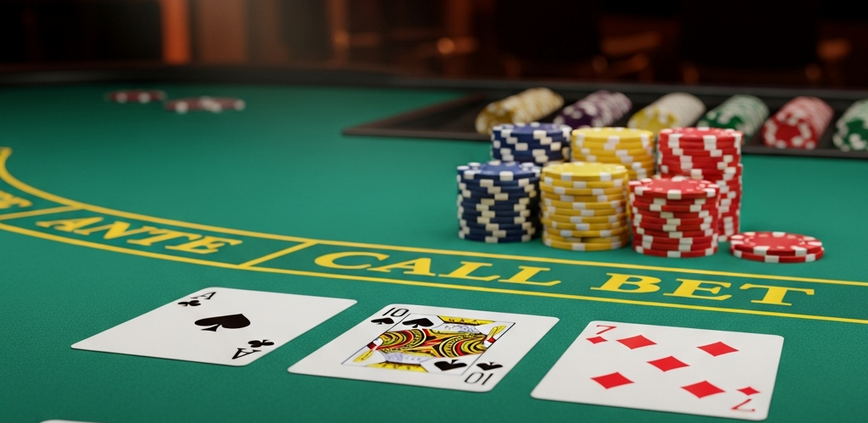 Overhead view of a luxurious Casino Hold'em poker table with cards dealt and casino chips, representing strategic gameplay.