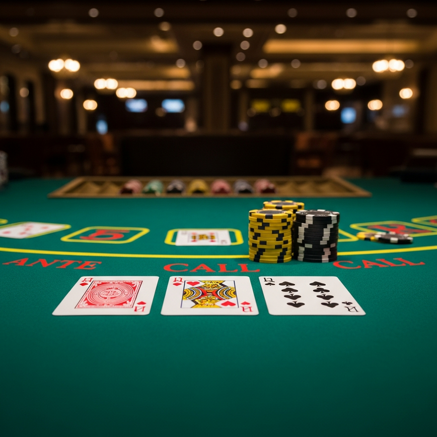 图解娱乐场德州扑克的核心游戏流程，展示初始发牌和决策点（跟注/弃牌）。