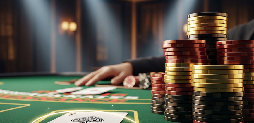 A high-definition, close-up image of a luxurious online blackjack table, featuring a dealer's Ace upcard, a neat stack of player's casino chips, and a subtle conceptual 'Insurance' bet indicator on the green felt, highlighting the decision point in the game.