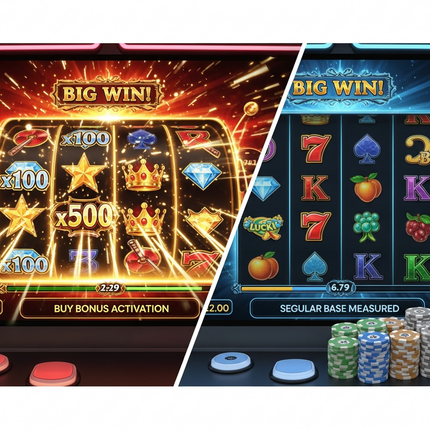 Menggambarkan kontras antara sifat pembelian bonus yang cepat dan berisiko tinggi dengan permainan yang sabar dan berpanjangan untuk memburu bonus secara semula jadi atau pengurusan bankroll.