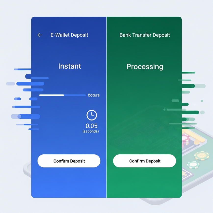 Illustrates the difference in processing speed between e-wallet and bank transfer deposits, visually representing instant vs. slightly delayed transactions.