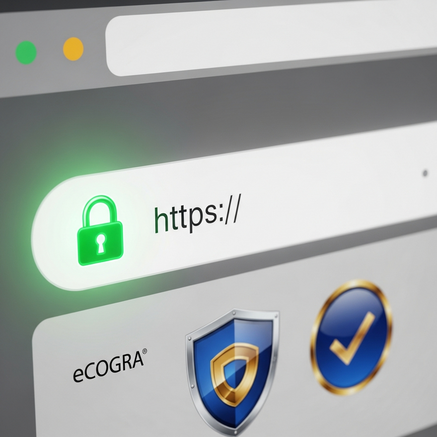 Illustrates key website security features like SSL encryption and third-party verification badges, relevant to pre-registration checks.
