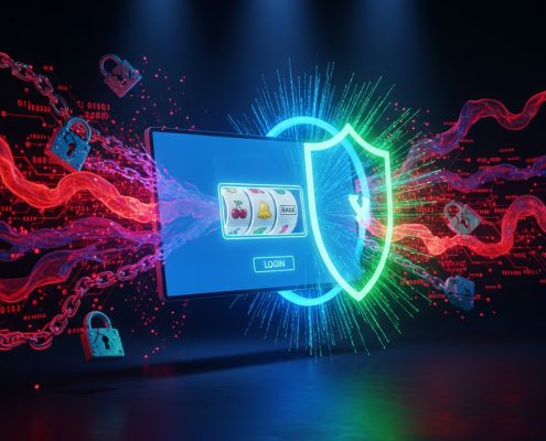 Digital representation of an online casino interface protected by a glowing blue shield, with abstract red and purple hacker symbols and data streams attempting to breach it, symbolizing cybersecurity threats and protection for Malaysian players.