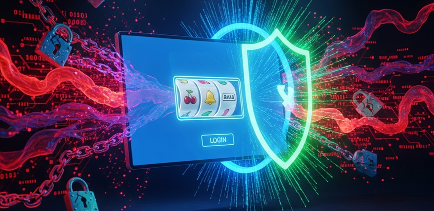 Digital representation of an online casino interface protected by a glowing blue shield, with abstract red and purple hacker symbols and data streams attempting to breach it, symbolizing cybersecurity threats and protection for Malaysian players.