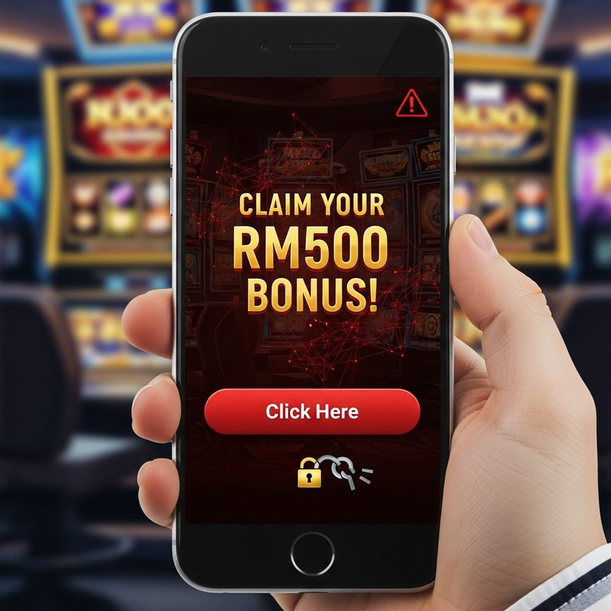 Illustrates the concept of phishing attacks targeting online casino players, specifically fake promotional emails or SMS messages.