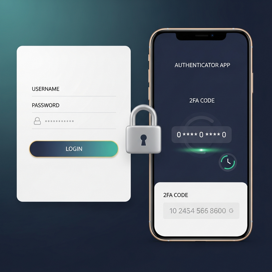 Visualizes the concept of multi-layer authentication (2FA) as a protection strategy against technical attacks like SIM swapping and credential stuffing.