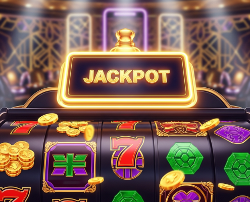 Dynamic online slot machine interface with spinning reels, a prominent progressive jackpot display, and elements suggesting mobile gaming, representing top slot providers in Malaysia.