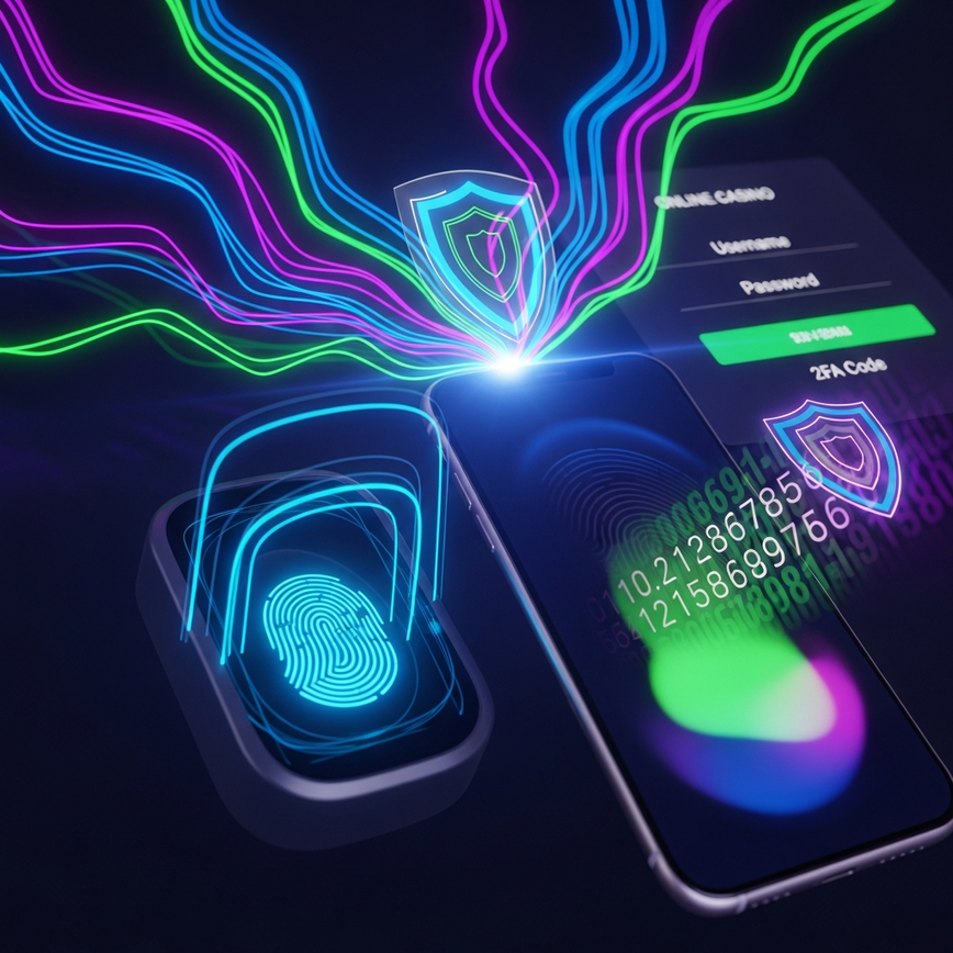 Depicts the multi-layered security of Two-Factor Authentication (2FA) for online casino logins, including biometric and authenticator app elements.
