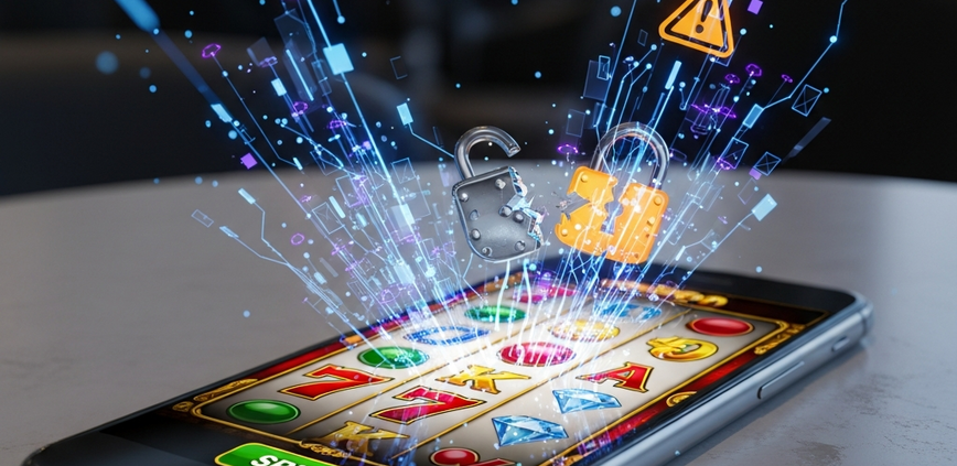 A smartphone displaying a vibrant online casino slot game interface, with abstract glowing lines and fragmented data packets visibly leaking around it, symbolizing data interception on public WiFi.