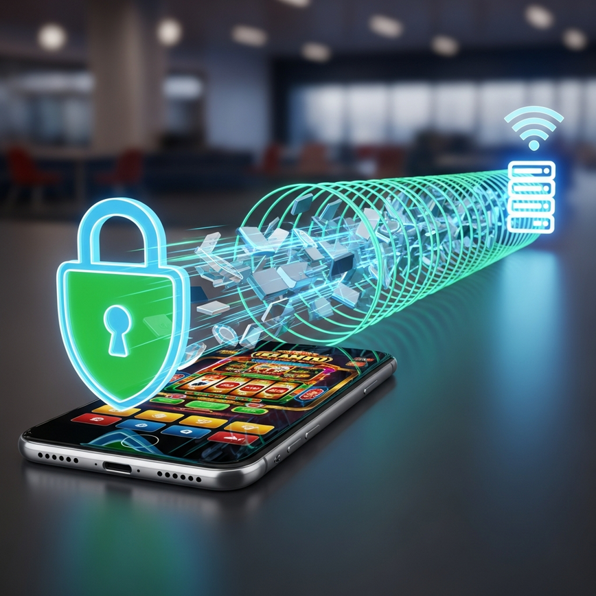 Illustrates the concept of a Virtual Private Network (VPN) protecting a mobile casino connection on public WiFi.