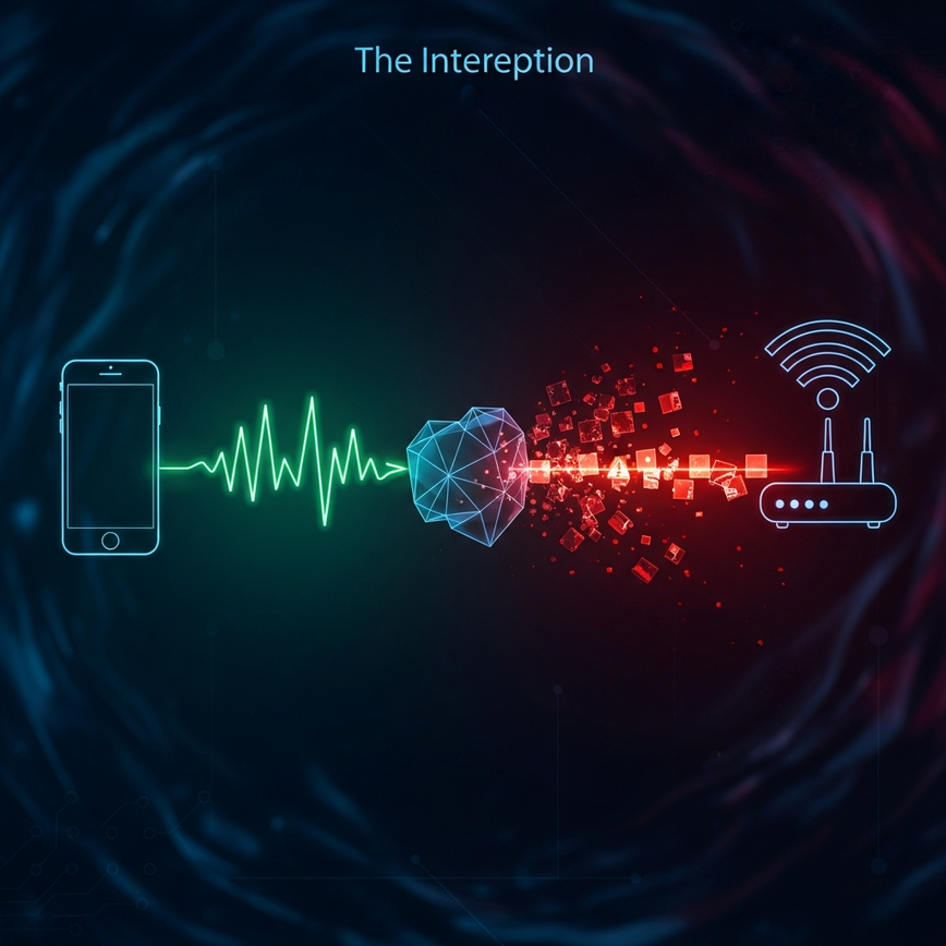 Visualizes the 'Man-in-the-Middle' attack, where data is intercepted on an unsecured public WiFi network.