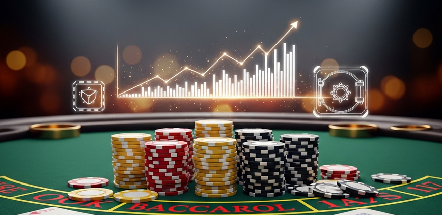 Luxurious Baccarat table with neatly stacked casino chips and fanned cards, subtly integrated with abstract digital elements representing bankroll security and growth, for an article on managing Baccarat funds.