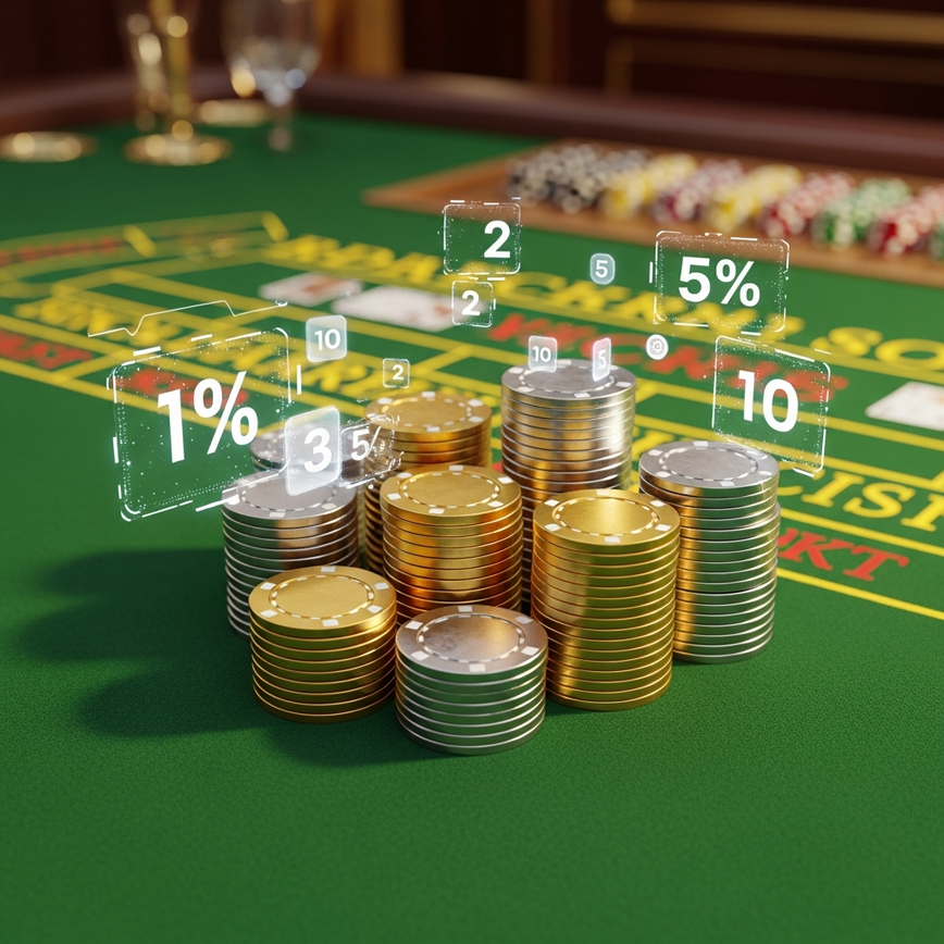 Illustrates the concept of bet sizing and session limits in Baccarat using visual representations of chip stacks and percentages.