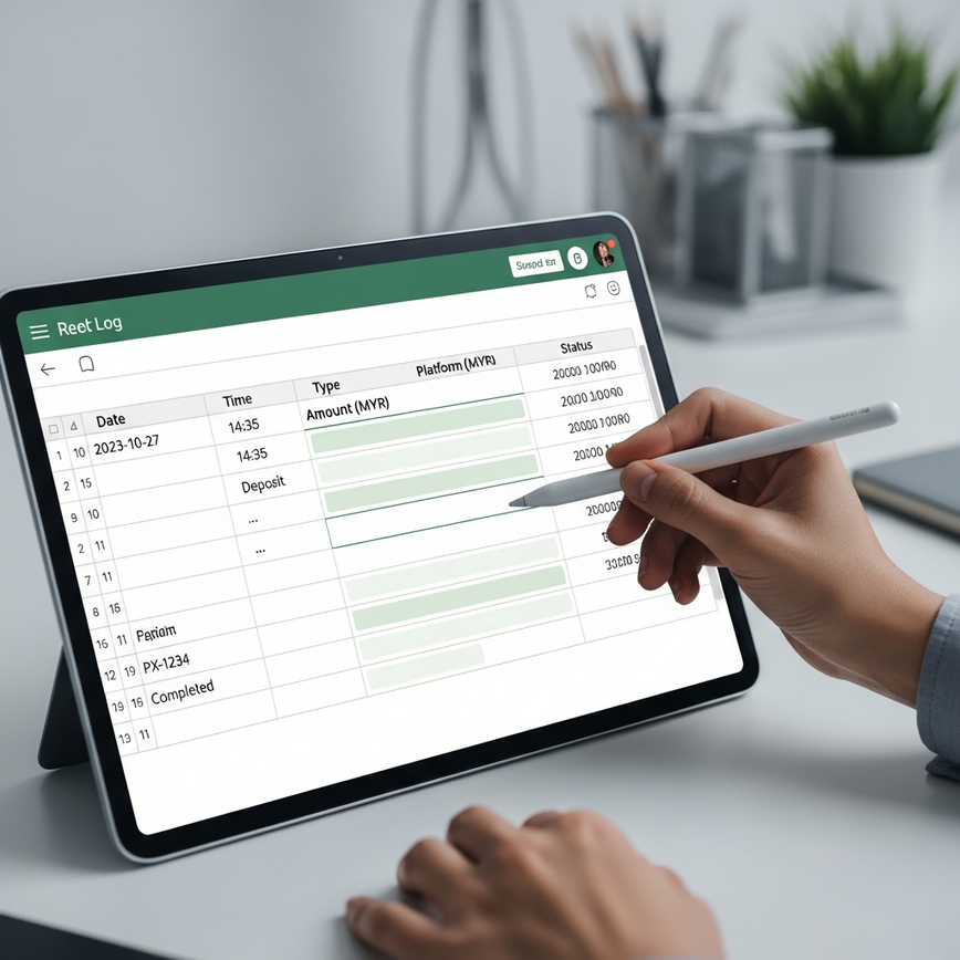 Depicts the process of creating and maintaining a digital transaction log using a spreadsheet, emphasizing organization and clarity.