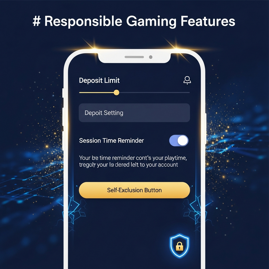 Visualizes responsible gaming tools and technology for bankroll management on a mobile online casino platform.