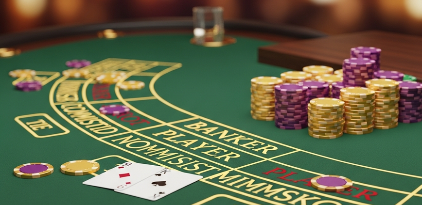 Luxurious online live baccarat table with two distinct virtual chip stacks on the Banker bet area, symbolizing the choice between commission and no-commission variants, set against a sophisticated casino backdrop.
