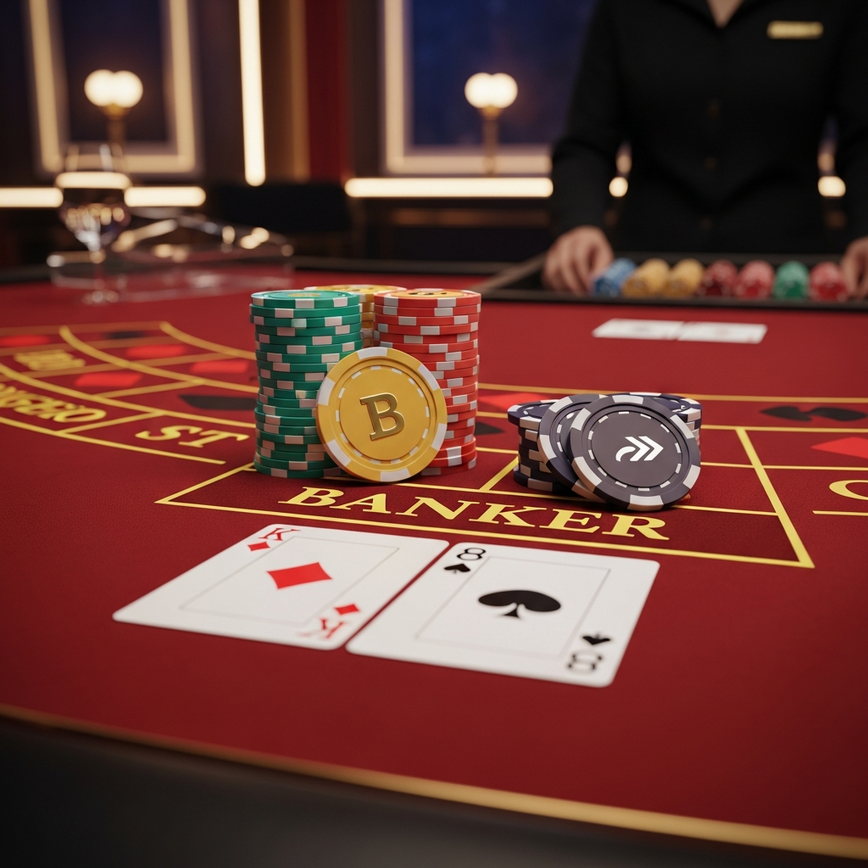 Illustrates the traditional commission baccarat game, focusing on a Banker win and the concept of a 5% commission.