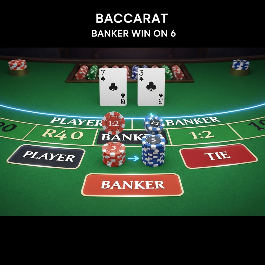 Illustrates the no-commission baccarat variant, emphasizing clean payouts and the specific rule of a 1:2 payout for a Banker win on 6.