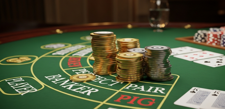 Luxurious online Baccarat table with virtual chips on main and side bet areas, illustrating the article on side bet value and risk.