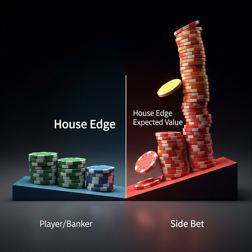 To abstractly visualize the mathematical disadvantage (high house edge) of Baccarat side bets compared to main bets.