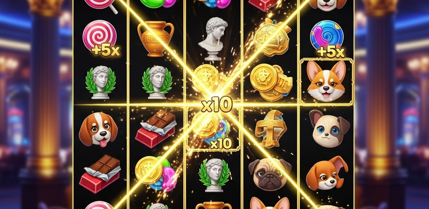 Vibrant online slot machine interface with cascading winning symbols and glowing multiplier effects, set against a luxurious online casino backdrop, representing Pragmatic Play's popular games.