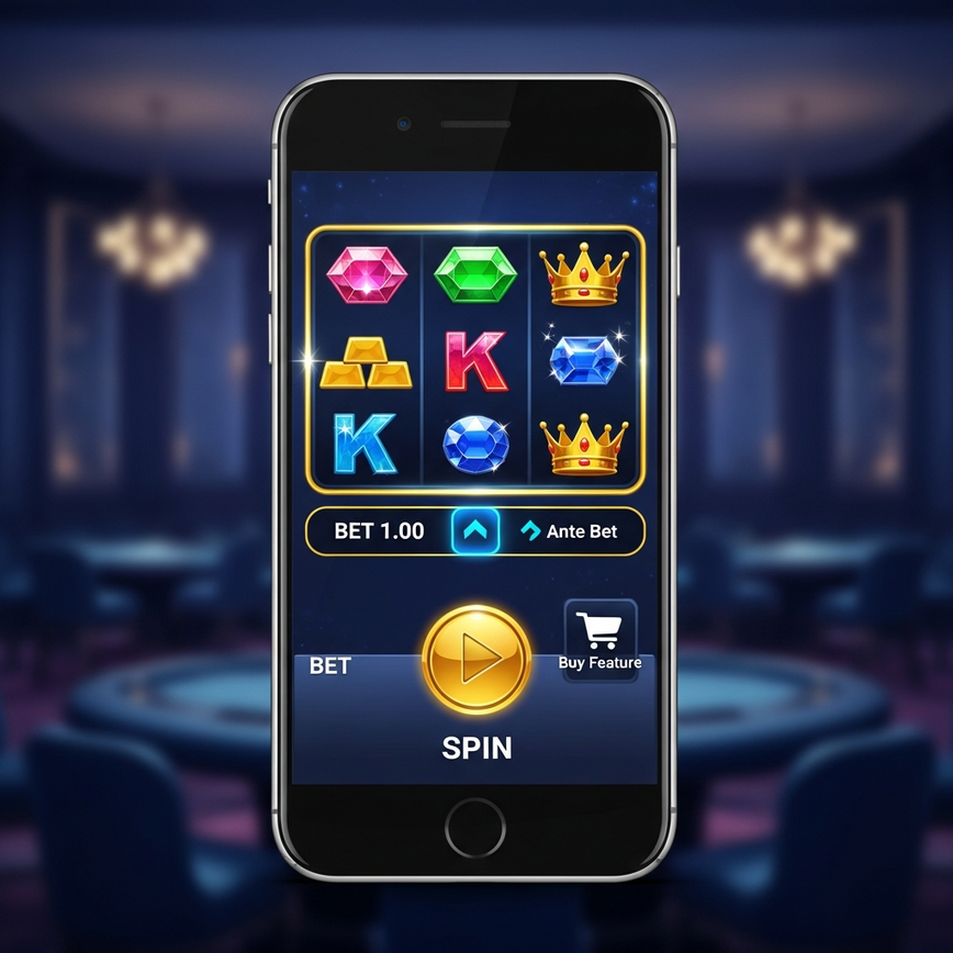 Depicts the mobile gaming experience and key Pragmatic Play features like Buy Feature and Ante Bet on a sleek smartphone interface.