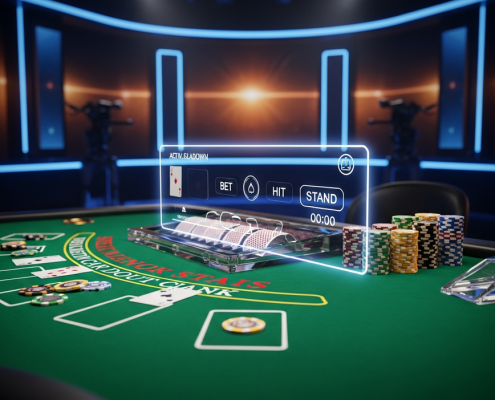 Immersive view of a live dealer blackjack table with physical cards, chips, and a transparent digital interface overlay, set in a premium online casino studio.