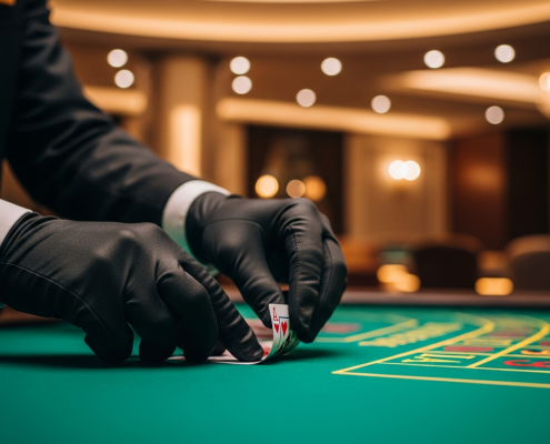 Extreme close-up of a live casino dealer's hands slowly bending a baccarat card, revealing a pip on a green felt table, highlighting the suspense of squeeze baccarat.
