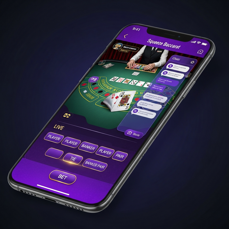 Depicts a modern mobile interface for Squeeze Baccarat, emphasizing accessibility, cultural appeal, and enhanced entertainment for Malaysian players.